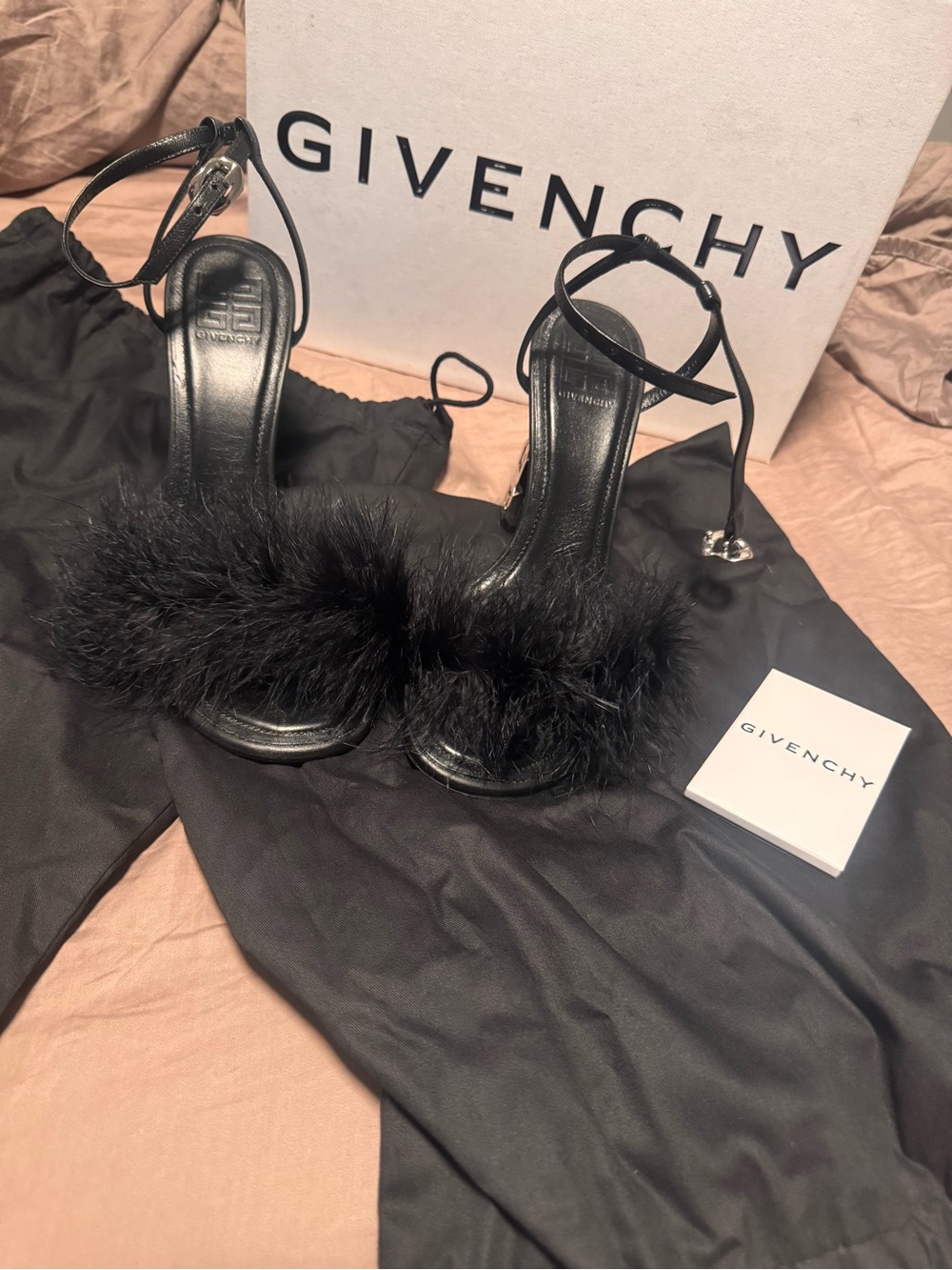 Givenchy Black Feather Trim Ankle-Strap Heels